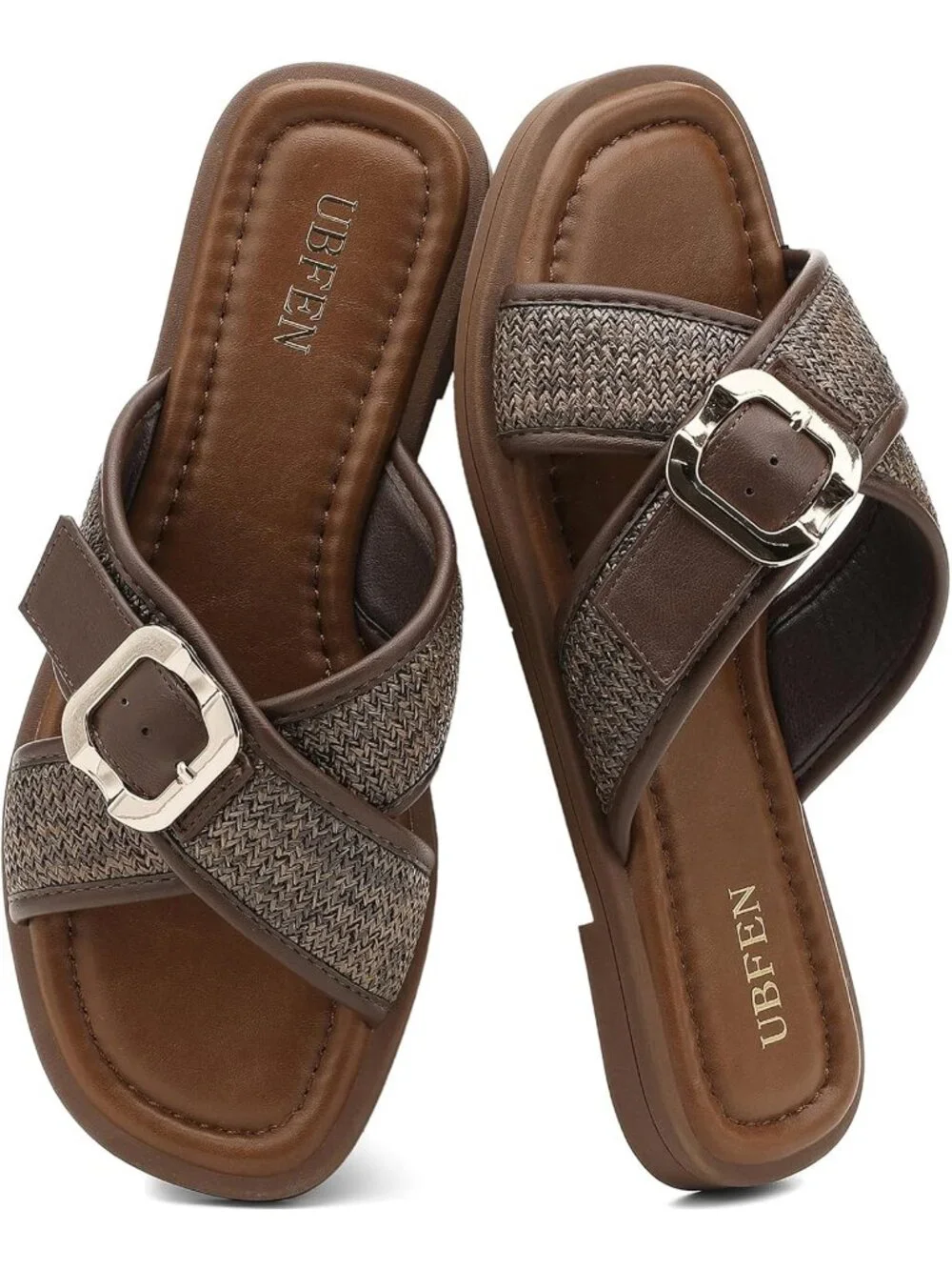 Women's Dark Brown Square Toe Flat Sandals Slides Dressy Comfortable for Beach